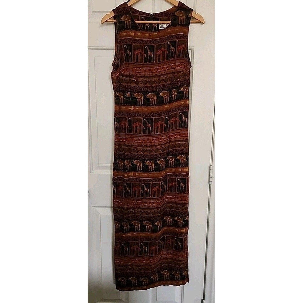 Sheri Martin Sleevless Safari Dress Size 8 Zoo Animals Brown Maxi Sd Slits Light